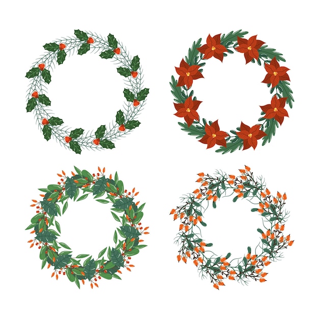 Set kerstboomkransen Geïsoleerde Winterdecoratie van planten Spar of pijnboomtakken Bladeren en bloemelementen