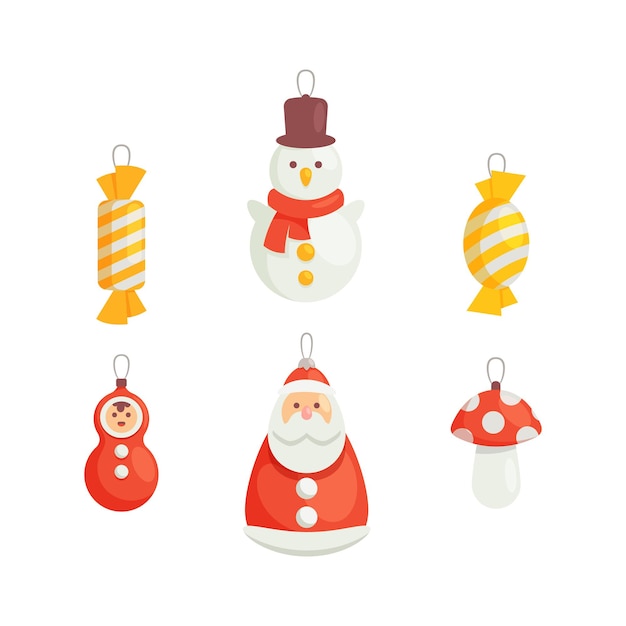 Set kerstboomversiering kerstman, sneeuwpop, vliegenzwam en snoepjes xmas kerstballen en speelgoed geïsoleerd op een witte achtergrond. leuke grappige traditionele inrichting. cartoon vectorillustratie, pictogram, illustraties