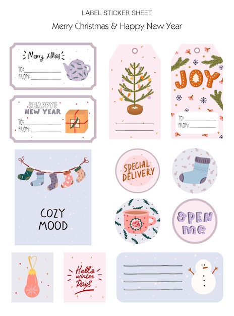 Set kerstcadeau-tag, label, stickers met traditionele winterelementen in Hygge-stijl. Gezellig winterseizoen.