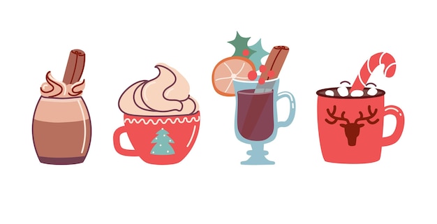 Vector set kerstdrankjes cacao met marshmallows en warme chocolademelk en glühwein