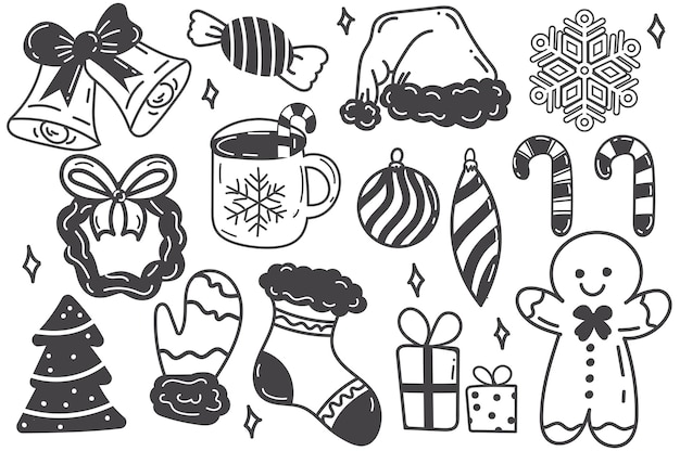 Vector set kerstelementen in cartoon-design, speelgoed, warme handschoenen, een kerstboom, al deze symbolen van