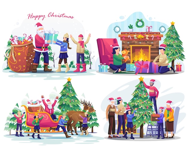 Set kerstillustratie met mensen en familie vieren vakantie Kerstmis en nieuwjaar