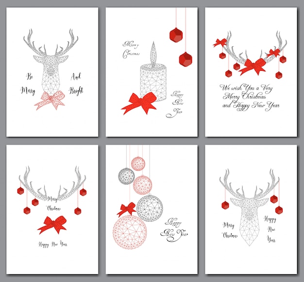 Vector set kerstkaarten met laag poly decoraties