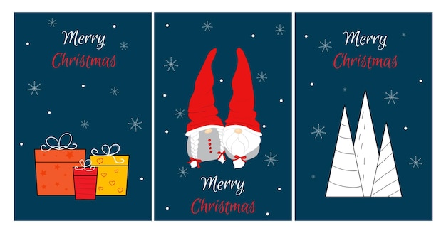 Set kerstkaarten met schattige Scandinavische kabouters Platte cartoon-stijl kabouterkarakters Vectorillustratie