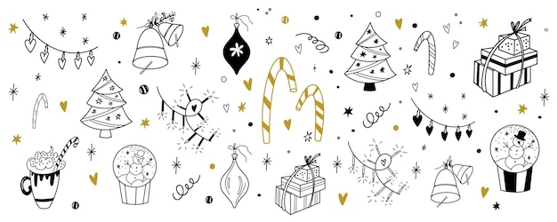 Set kerstkrabbels nieuwjaar vectorillustraties in lijnstijl naïeve en eenvoudige slingers