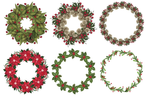 Set kerstkrans met winter bloemen elementen. Vector illustratie.