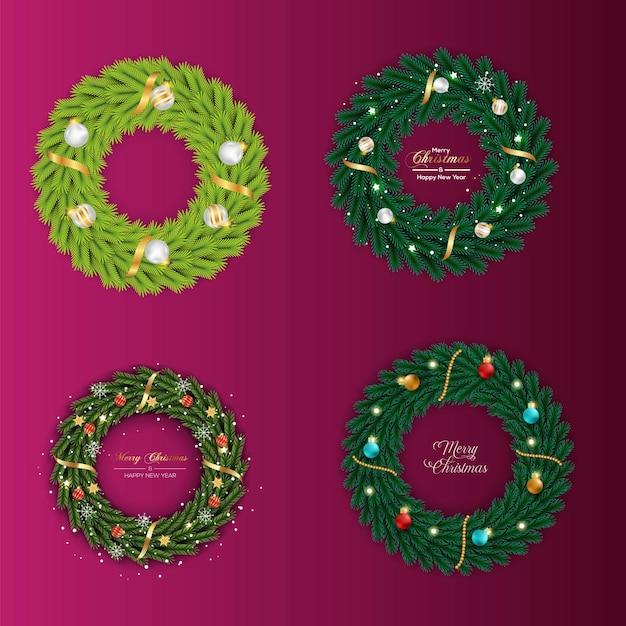 Set kerstkransdecoratie met groene kleur dennentak en roze balroze lint