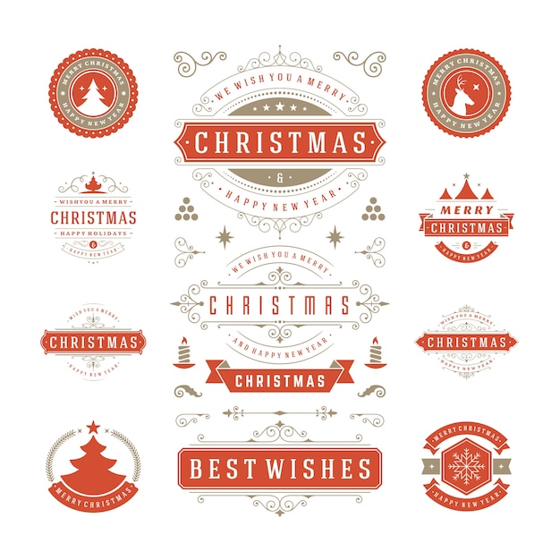 Set kerstlogo's, embleem, badge. Vintage ornamenten decoratie.