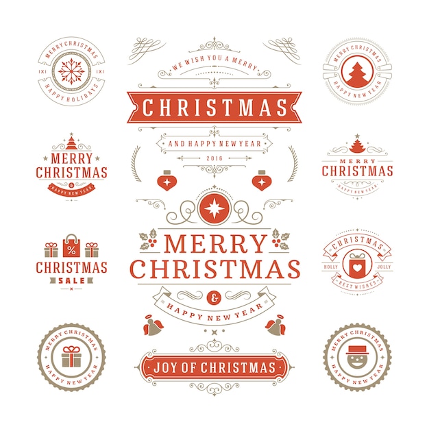 Vector set kerstlogo's, embleem, badge. vintage ornamenten decoratie.