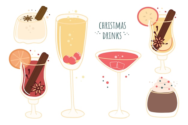 Set kerstmokken en glazen met drankjes