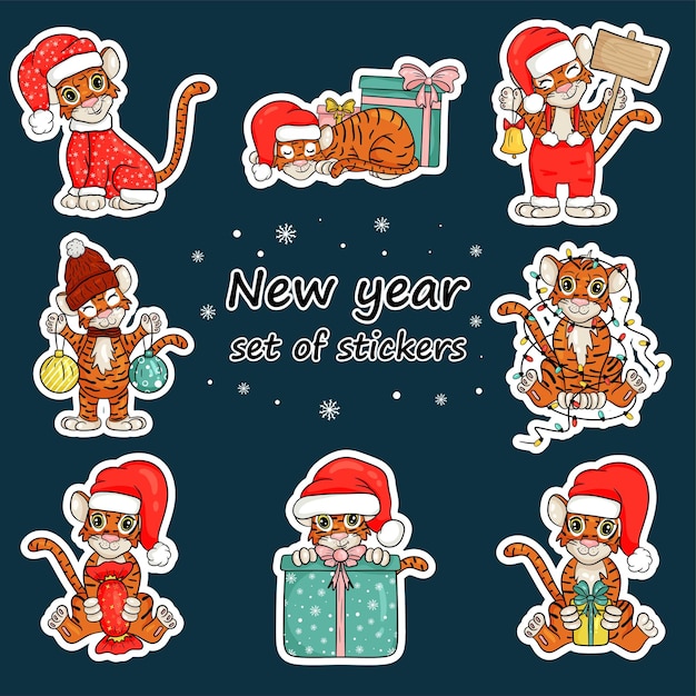 Set kerststickers met de afbeelding van een tijger. het symbool van het chinese nieuwjaar. vrolijk kerstfeest en een gelukkig nieuwjaar. vectorillustratie in cartoon-stijl