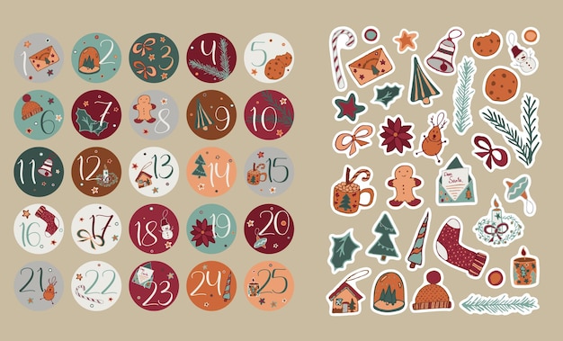 Vector set kerststickers met offset om af te drukken ronde countdown 1 tot 25 winter clipart tot sublimatie