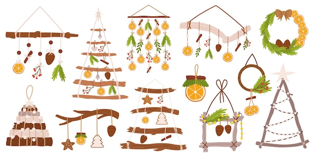 Vector set kerstvakantie hangende decor feestelijke frames kransen slingers en vrolijke accenten handgemaakte items van natuurlijke materialen om het seizoen vrolijk en helder cartoon vectorillustratie te maken