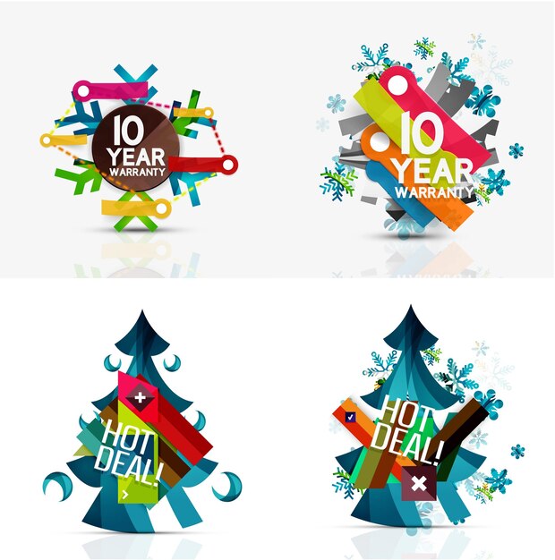 Vector set kerstverkoop of promotie prijskaartjes nieuwjaarsboom met labels en uw bericht