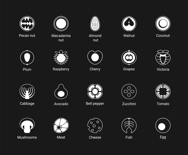 검정 배경에 텍스트가 있는 케토 다이어트 식품 아이콘 흰색 아이콘 설정