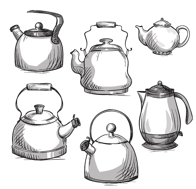 Set of kettles, vector line drawing