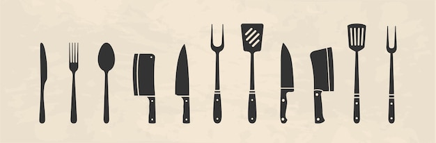Set keuken- en kookgereedschap Restaurant BBQ Vleesmessen iconen Vintage ontwerpelementen