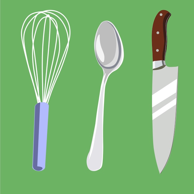 set keukengereedschap in vlakke stijl mesklop en lepel in vector