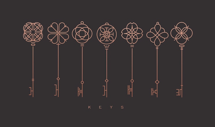 Vector set of key collection in modern line style drawing on bronze background