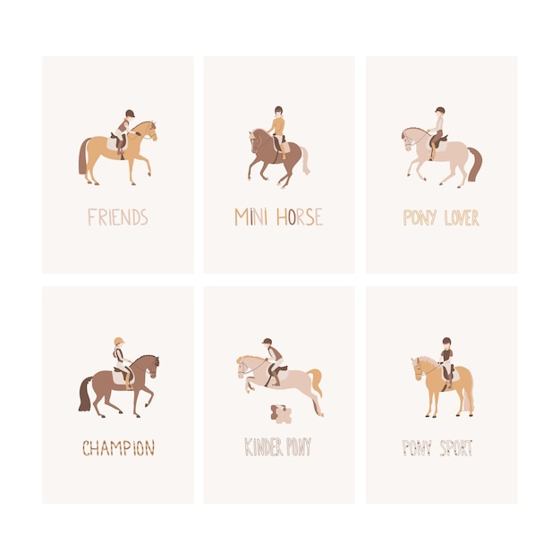 Vector set in a kid's style with young riders on ponies