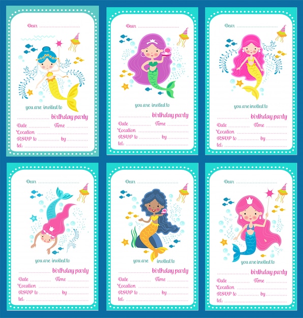 Набор шаблонов приглашения на детский день рождения с милыми русалочками и местом для текста, иллюстрации
