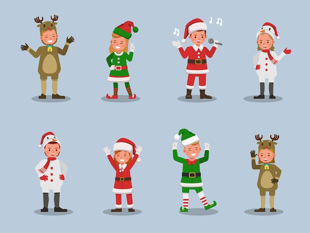 Набор детей мальчик и девочка в рождественских костюмах персонажа