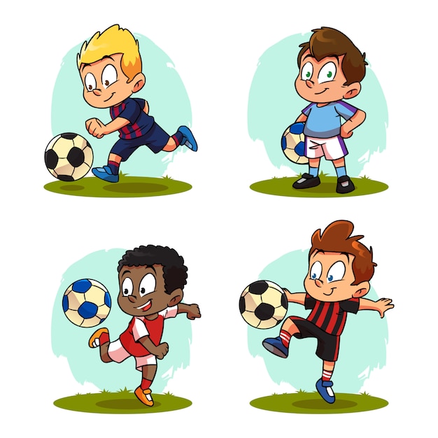 Set cartoon bambini che giocano a calcio