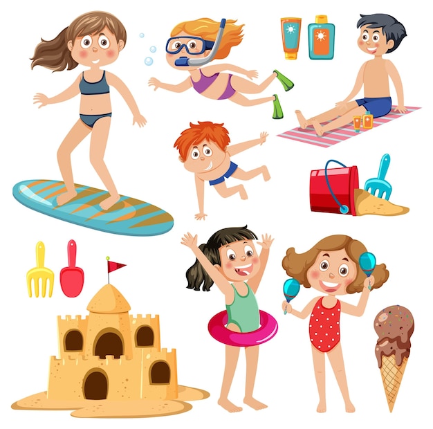 Set of kids character with summer element