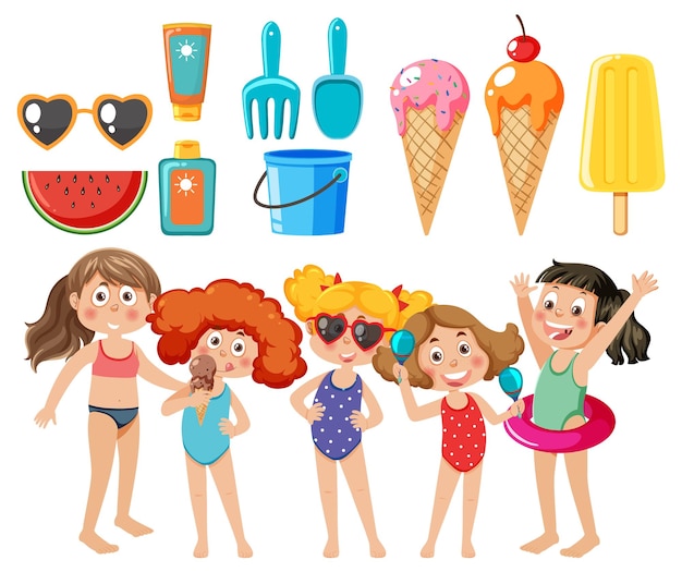 Set of kids character with summer element