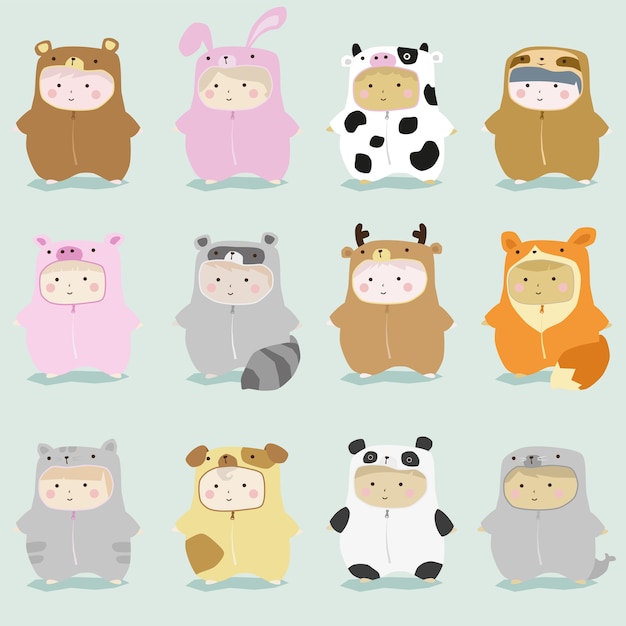 Set of kids in cute animal costumes