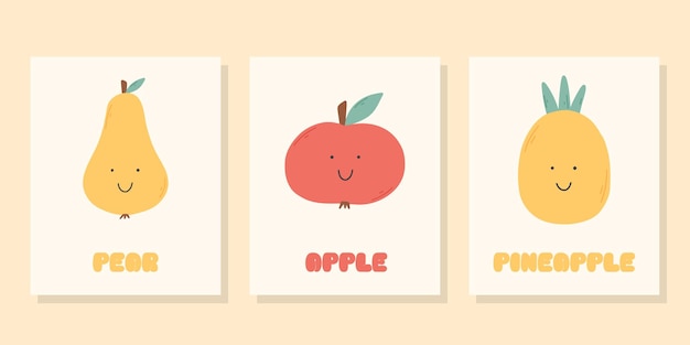 아이 귀여운 과일 포스터 세트 보육원을 위한 벡터 삽화 복고풍 포스터 배 사과와 파인애플이 있는 그루비 포스터