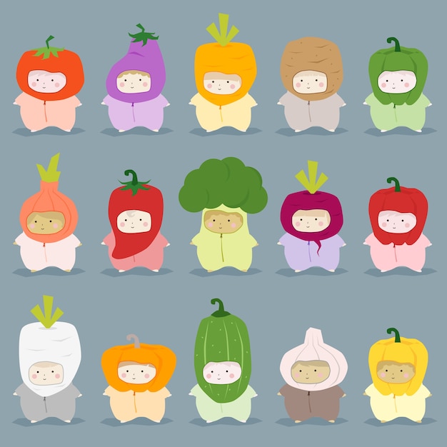 Set of kids in cute vegetable costumes