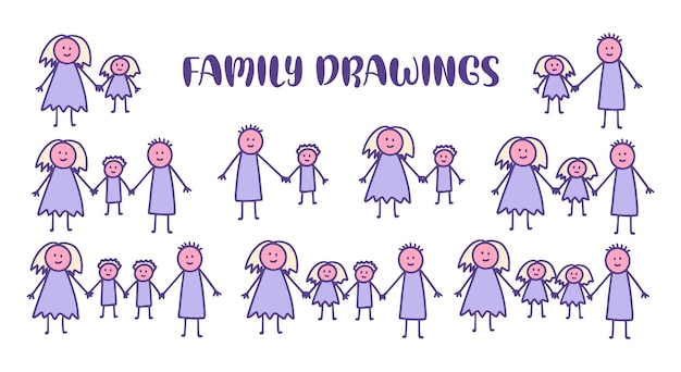 Set of kids doodle with different family drawings