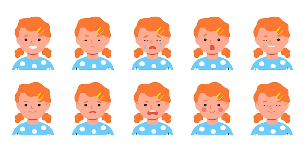 Set of kids emotionsfacial expressionflat girl avatar vector illustration of flat child character