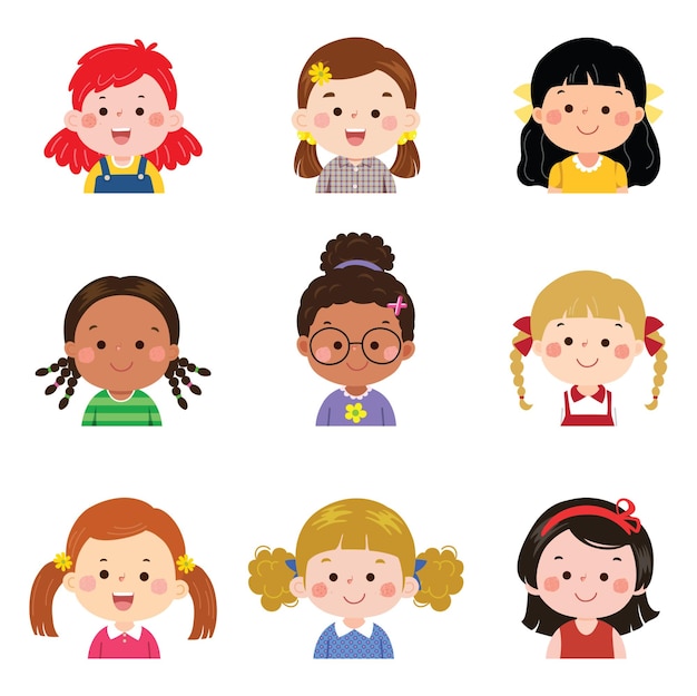 Set of kids faces avatars children heads different nationality in flat style