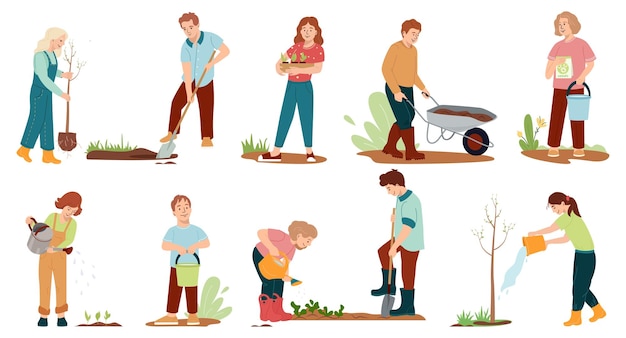 Set of kids gardening vector illustration Garden work collection happy friends Youth work together