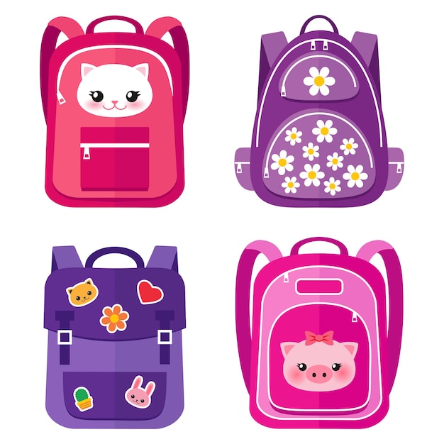 Set of kids pink school bags