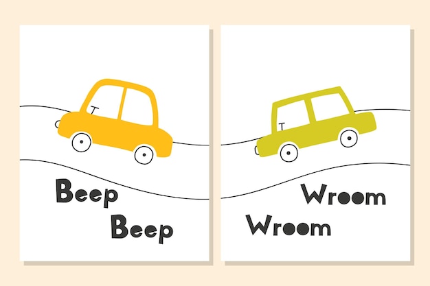 Vector set of kids posters with cars cute posters for a childrens room with a typewriter and a road vector illustration