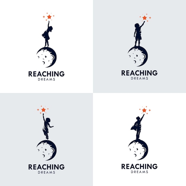 Set of kids reach dreams logo with moon symbol, reaching star logo