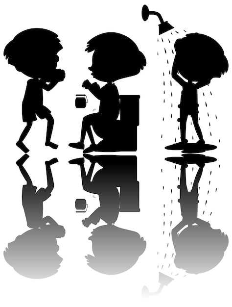 Set of kids silhouette with reflex on white background