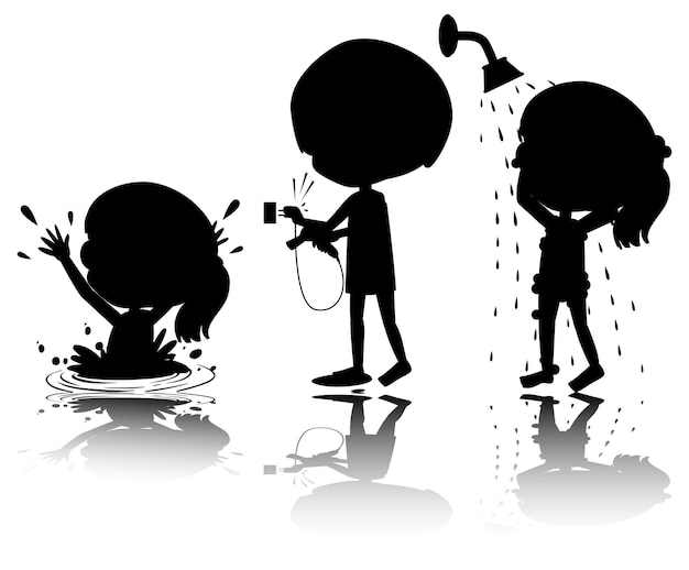 set of kids silhouette with reflex on white background