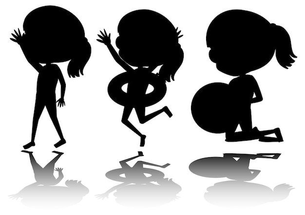 Set of kids silhouette with reflex on white background