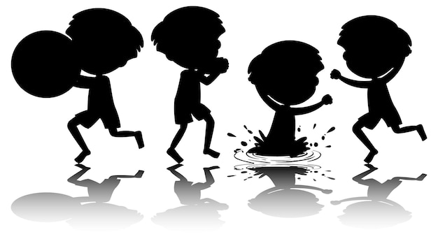 set of kids silhouette with reflex on white background