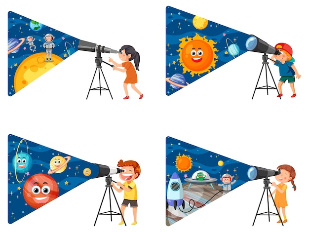 Set di bambini che usano il telescopio isolato