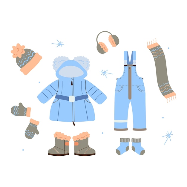 Vector set of kids warm autumn and winter clothes, accessories.