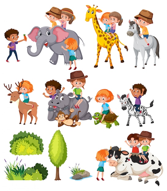 Set of kids with animal