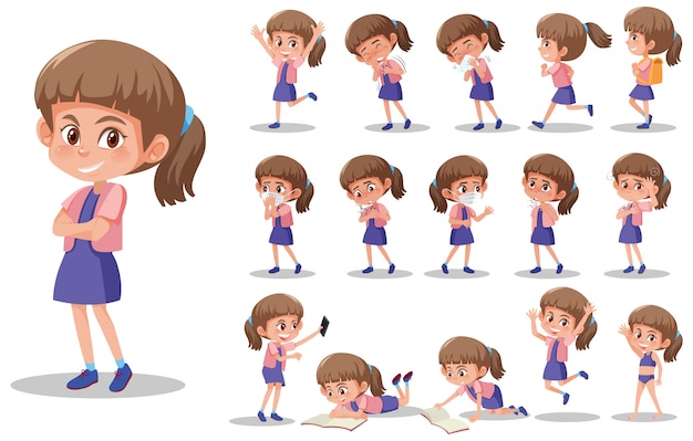 Set kind karakter met verschillende uitdrukkingen op witte achtergrond