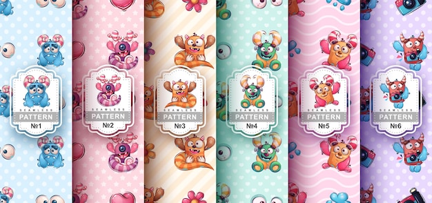 Set kinderachtig cartoon karakter monster naadloze patroon Vector eps 10