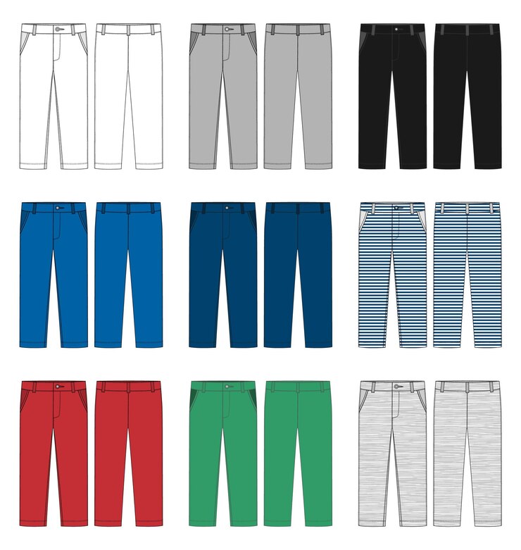 Set kinderen broek ontwerpsjabloon. Heren broek. Witte, grijze, zwarte, blauwe, gele, rode, groene kleurenbroek. Voor- en achteraanzicht. Technische schets van casual broek. vector illustratie
