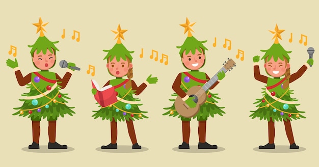 Set kinderen jongen en meisje dragen kerstboom kostuums karakter